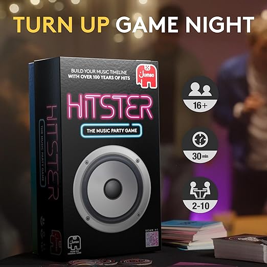 Black game box for Hitster featuring a silver speaker graphic, neon pink text, and icons for players, time, and age.