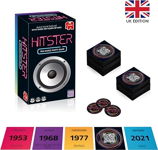 Hitster Music Party Game: black box with speaker graphic, QR card stacks, tokens, and colorful timeline year cards.