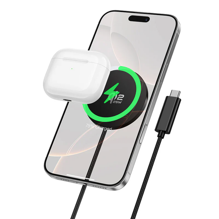 Techplus Hoco 25W Qi2.2 Magnetic Wireless Charger CW63 Pro in black, showing the compact charger with magnetic alignment.