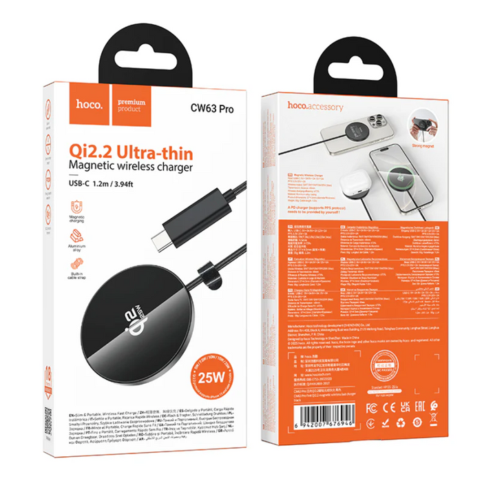 Techplus Hoco 25W Qi2.2 magnetic wireless charger in black, showing sleek design and magnetic charging area.