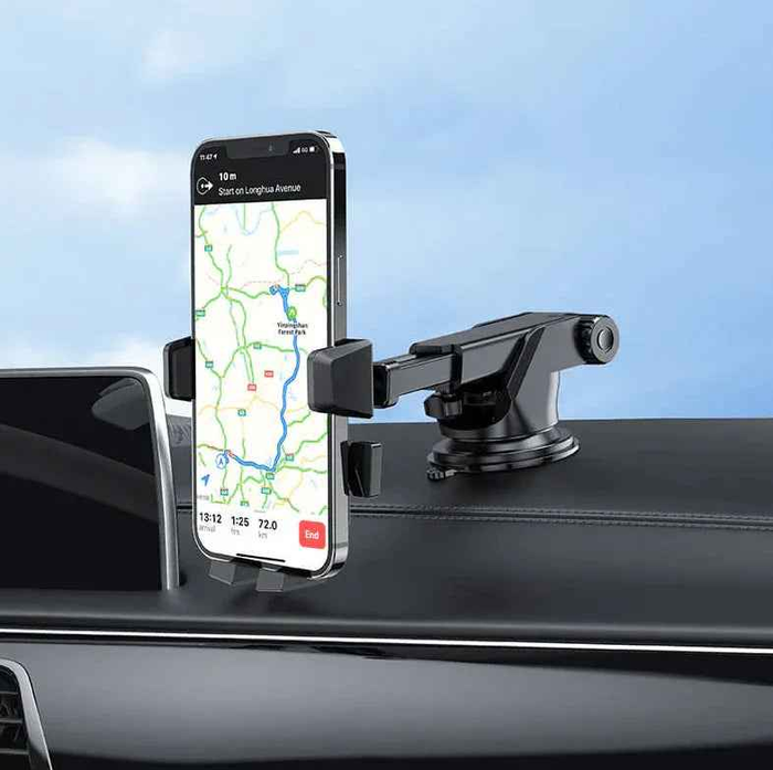 Techplus Hoco CA83 car phone holder with strong clamp, fits 4.5-7 inch smartphones, mounts on dashboard or windshield.