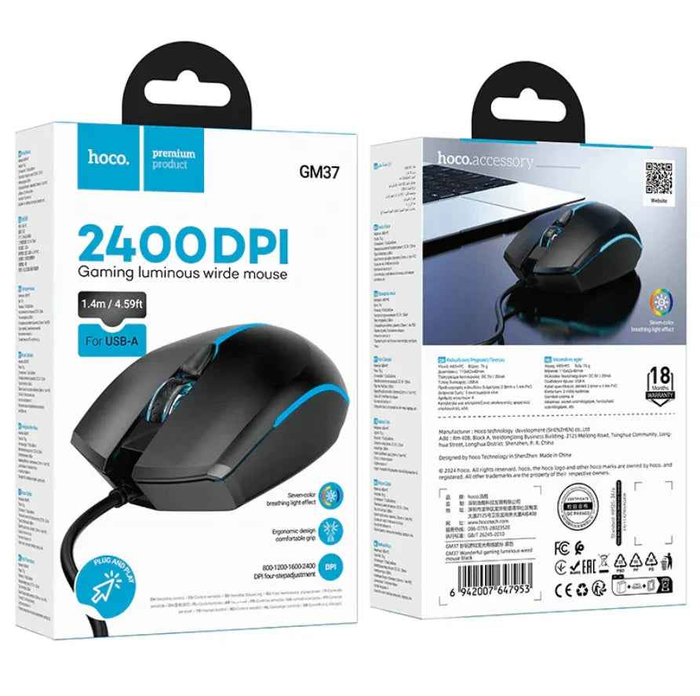 Techplus Hoco GM37 RGB wired gaming mouse with 2400 DPI, featuring customizable lighting and ergonomic design for gaming comfort.