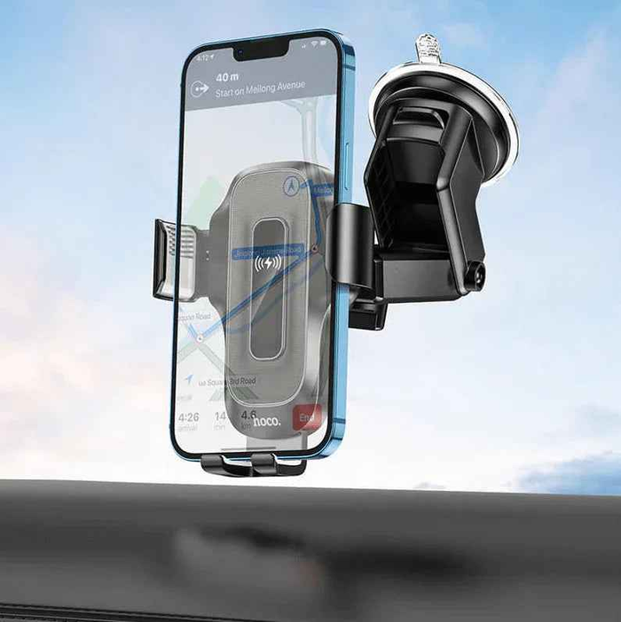 Techplus Hoco HW3 wireless car phone holder with fast charging, dashboard and windshield mount, supports 5W to 15W charging.
