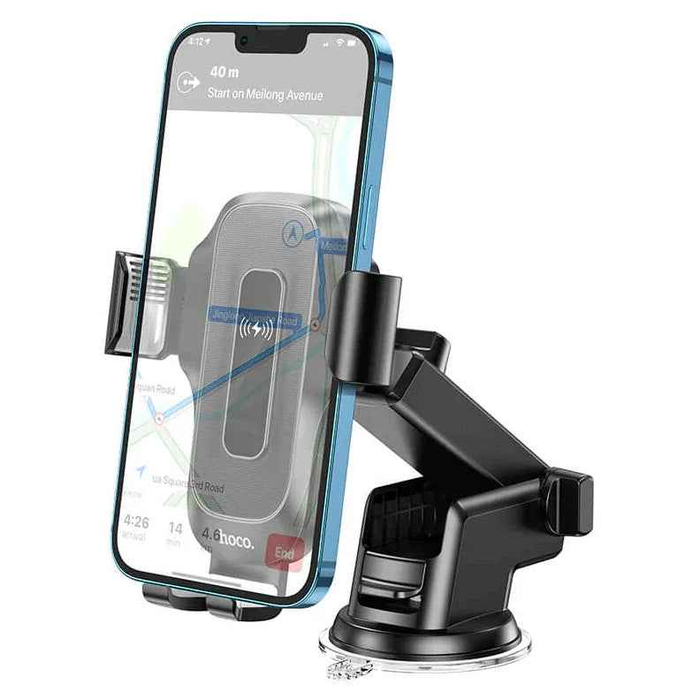 Techplus Hoco HW3 wireless fast charging car phone holder mounted on dashboard, supports 5W-15W charging for smartphones.