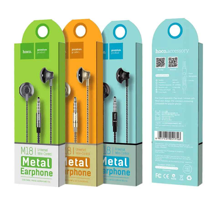 Hoco M18 GESI metallic in-ear earphones with mic and 3.5mm jack, sleek design, by TechPlus.