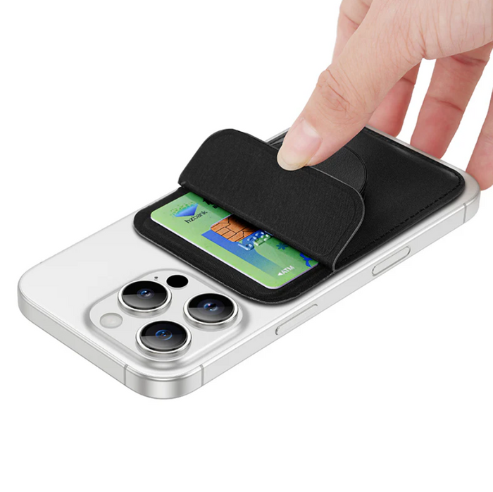 Techplus Hoco Magnetic Card Pocket Wallet Slim Phone Holder with magnetic closure and card storage, attached to a smartphone.