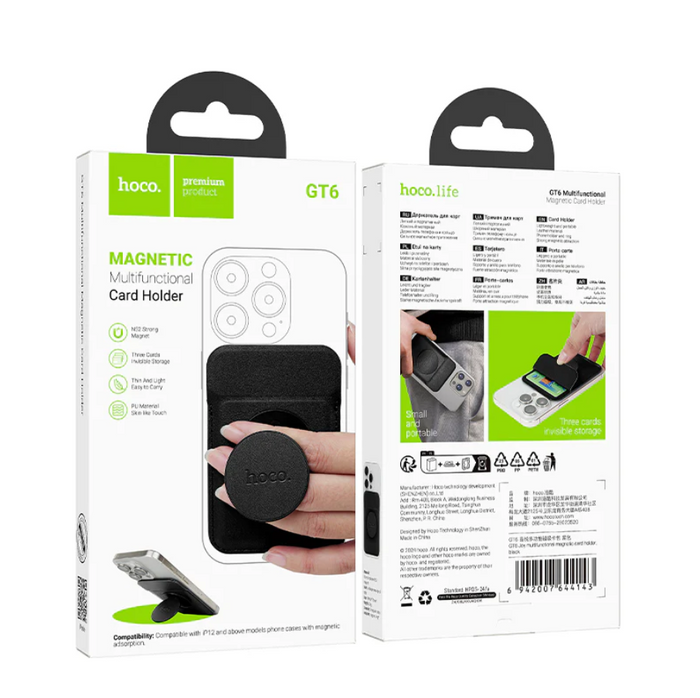 Techplus Hoco magnetic card pocket wallet slim phone holder attached to a smartphone, showcasing compact design and card storage.