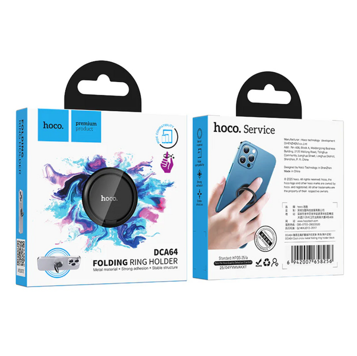 Black Hoco metallic foldable ring phone grip stand by TechPlus, showing 360-degree rotation and secure hold on a smartphone.
