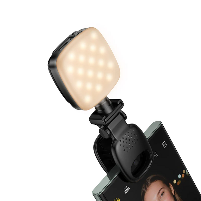 Techplus Hoco portable mini LED fill light clip-on with 9 adjustable brightness levels, ideal for enhancing photos and videos.