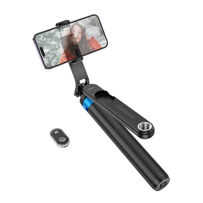 Techplus Hoco Premium Bluetooth Selfie Stick with 1.75m extendable pole and quadpod stand, shown with smartphone attached.