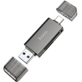 Techplus Hoco USB 3.0 Memory Card Reader with USB-A and USB-C dual plugs, compact and portable for easy data transfer.