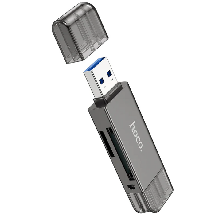 Techplus Hoco USB 3.0 Memory Card Reader with USB-A and USB-C dual plugs, shown connected to a computer.