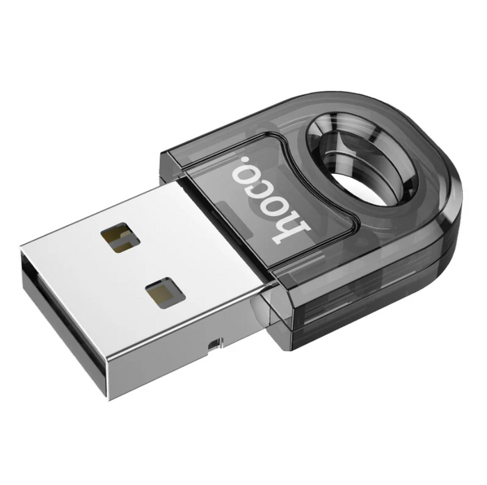 TechPlus Hoco USB Bluetooth receiver adaptor wireless dongle connected to a device with a blue LED indicator.