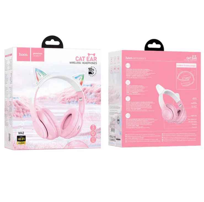 Pink Hoco W42 Bluetooth wireless headphones with LED lights, designed by TechPlus, shown in a close-up view.