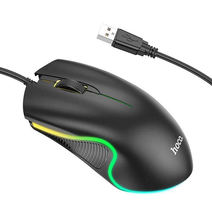 Techplus Hoco wired gaming mouse GM19 with RGB lighting, ergonomic design, and multiple buttons for precise gaming control.