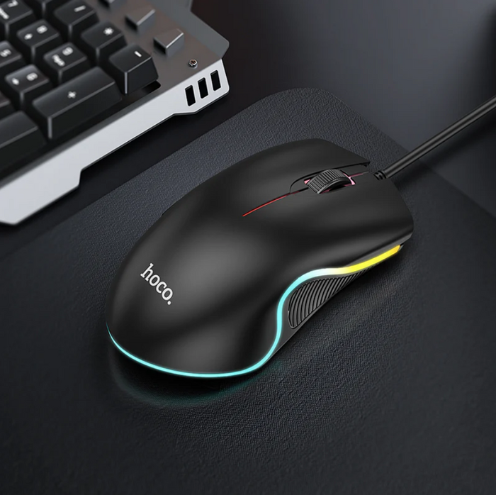 Techplus Hoco wired gaming mouse GM19 with ergonomic design and RGB lighting, shown in a close-up image.