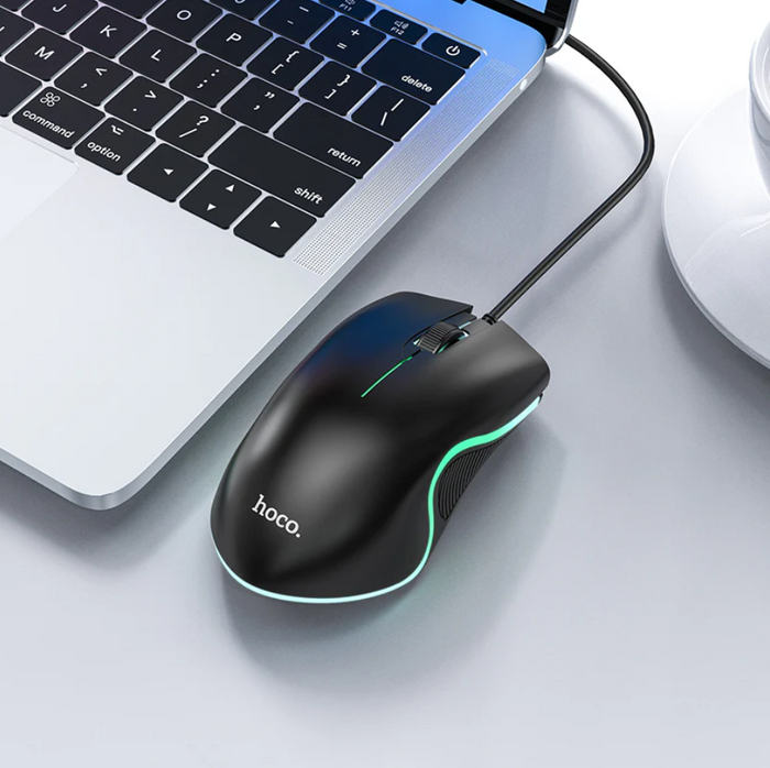 Techplus Hoco Wired Gaming Mouse GM19 with RGB lighting, ergonomic design, and multiple programmable buttons for gaming comfort.