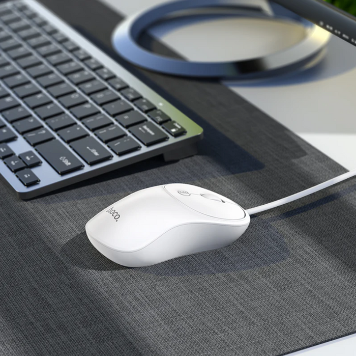 TechPlus Hoco Wired USB Mouse GM13 with ergonomic design, featuring smooth black body and scroll wheel for comfortable use.
