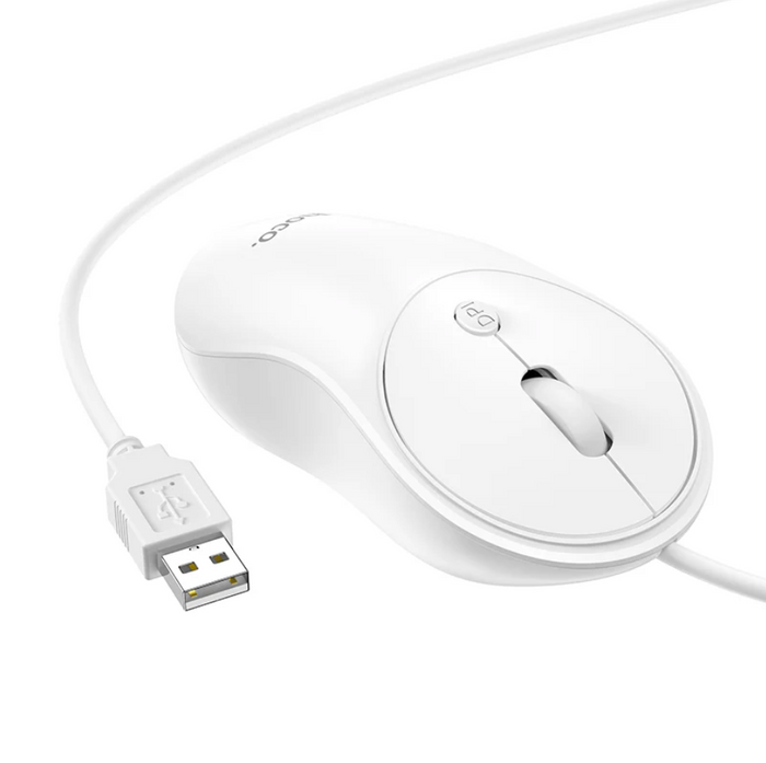 Ergonomic Hoco wired USB mouse by TechPlus showing a sleek black design with scroll wheel and side grip for comfortable use.