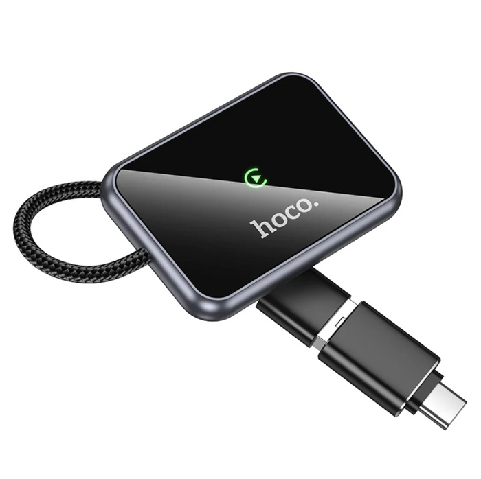 Techplus Hoco Wireless CarPlay Adapter USB-A to USB-C converter connected to car dashboard, enabling wireless Apple CarPlay.