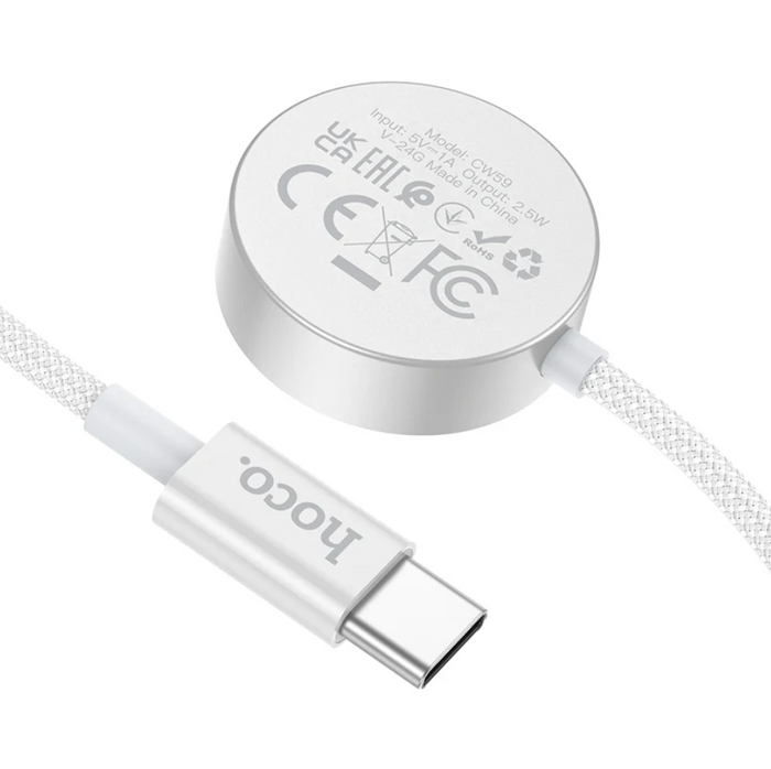 Techplus Hoco wireless charger for Apple and Samsung watches, sleek charging pad with watch placed on top, compatible with CW59 model.