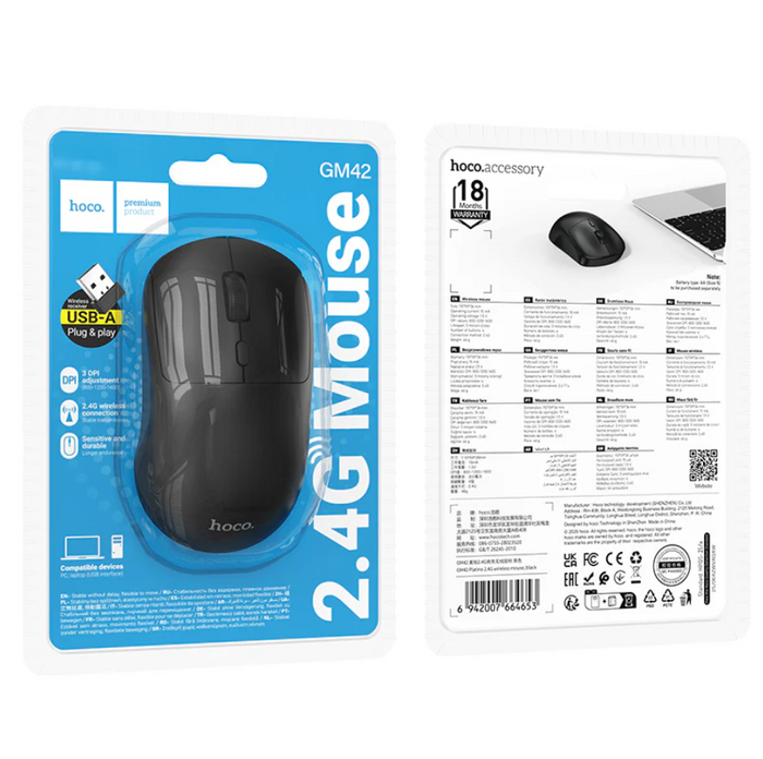 Techplus Hoco wireless mouse with adjustable DPI up to 1600, featuring ergonomic design and clickable buttons.