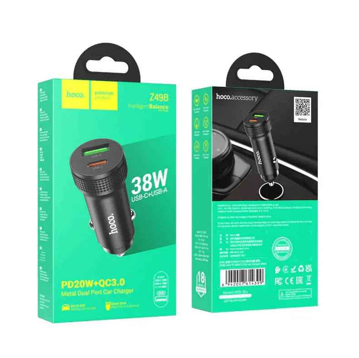 Techplus Hoco Z49B dual-port car charger with 38W USB-C PD and USB-A QC fast charging ports, shown plugged into a vehicle's dashboard.