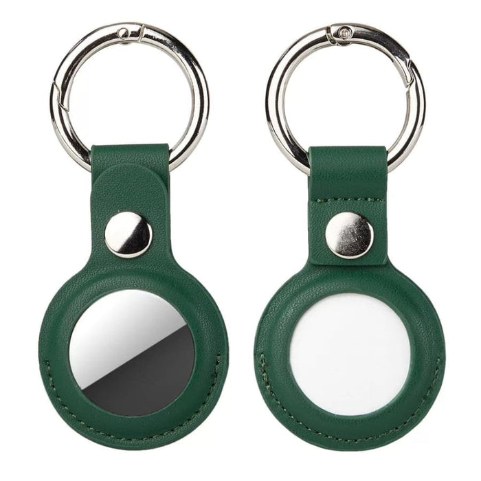 Green leather key chain holder for Apple Air Tag, featuring a secure clip and stylish design from That Watch Shop.