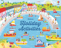 Vibrant illustration of a busy seaside harbor with colorful boats and houses for the Usborne Holiday Activities cover.