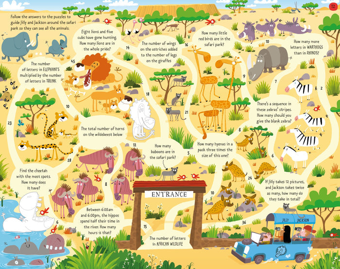 Colorful cartoon safari activity map with animals, math riddles, and winding paths for children to solve and follow.