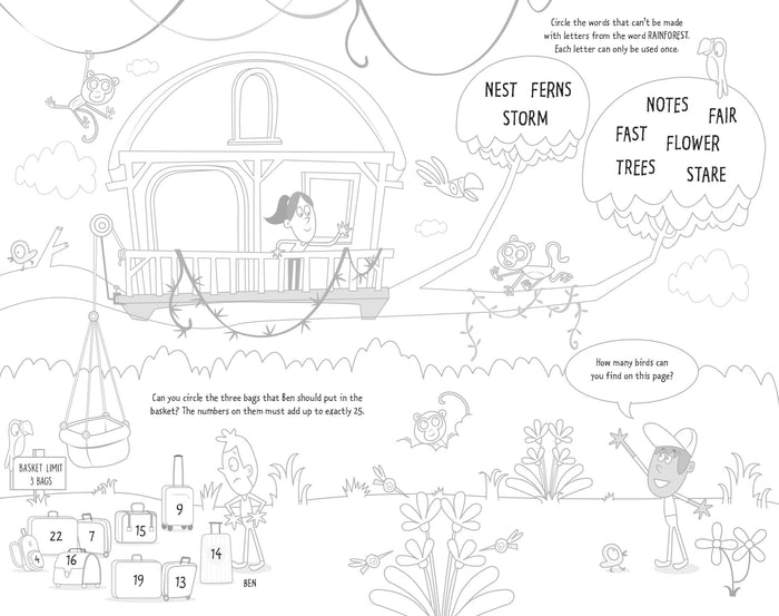 Black and white rainforest activity sheet with word and math puzzles, featuring monkeys, birds, and a treehouse.