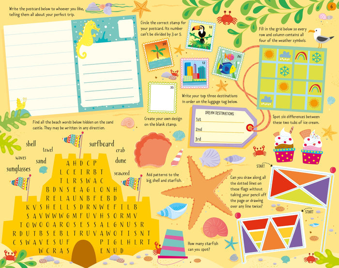 Bright yellow beach activity page with a sandcastle word search, postcard, puzzles, and colorful sea life illustrations.