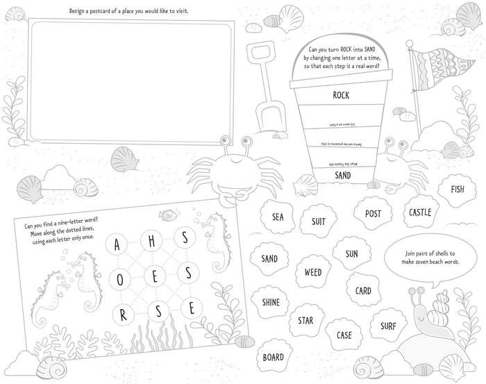 Black and white beach activity page featuring word puzzles, ocean illustrations, and a space to design a postcard.