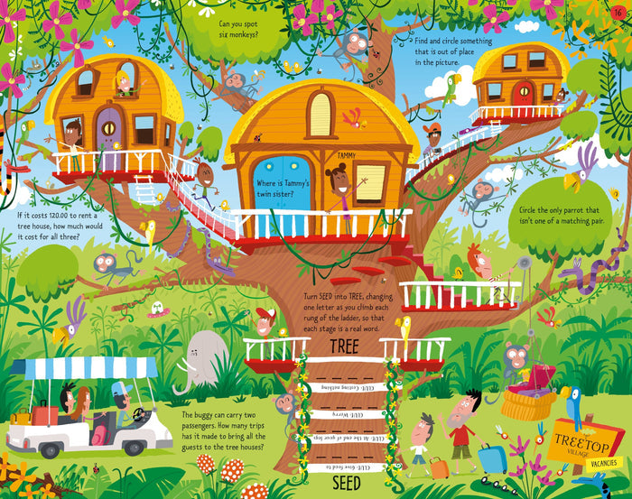Colorful children's activity page featuring a jungle treetop village with various puzzles and whimsical animals.