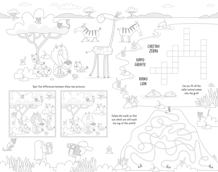 Black and white safari activity page with animal coloring art, a maze, crossword, and spot the difference puzzle.