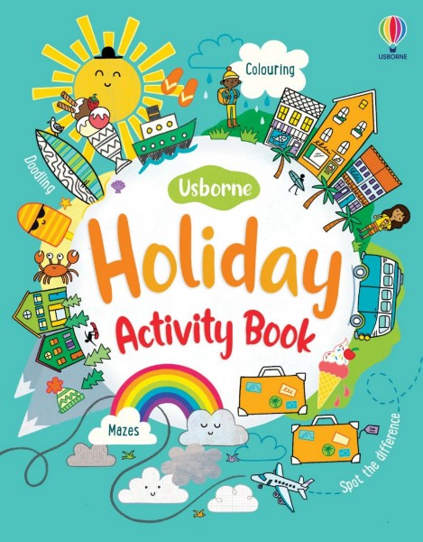 Bright teal book cover with illustrations of a sun, ice cream, ship, and rainbow around a central white circle.