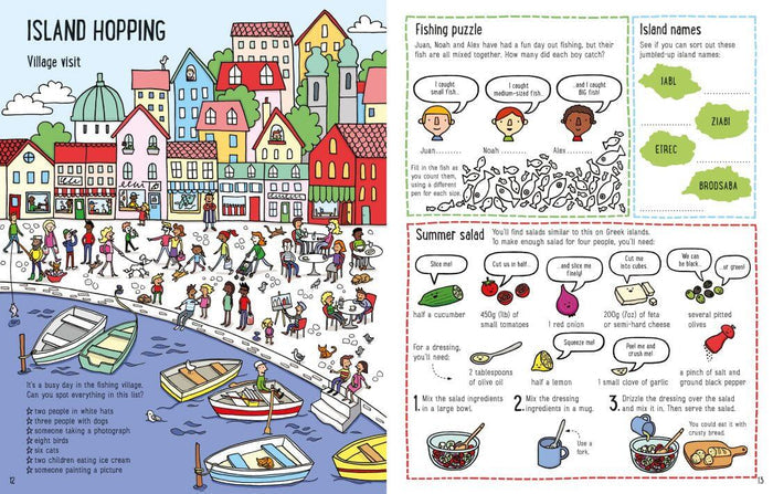 Colorful children's activity book pages featuring a bustling island harbor scene, puzzles, and an illustrated recipe.