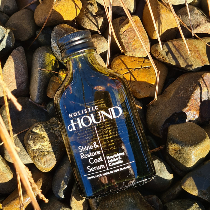 Animal Addiction Limited Holistic Hound Shine & Restore Coat Serum 50mls bottle with dropper for pet coat care.