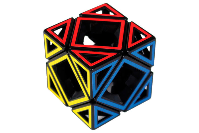 Black geometric puzzle with hollow triangular and square faces outlined in red, yellow, and blue.