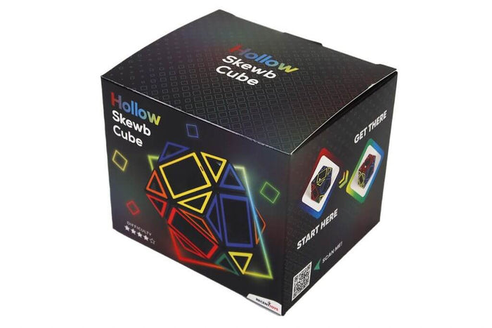 Black cube packaging for a hollow geometric puzzle with vibrant neon line art and difficulty star ratings.