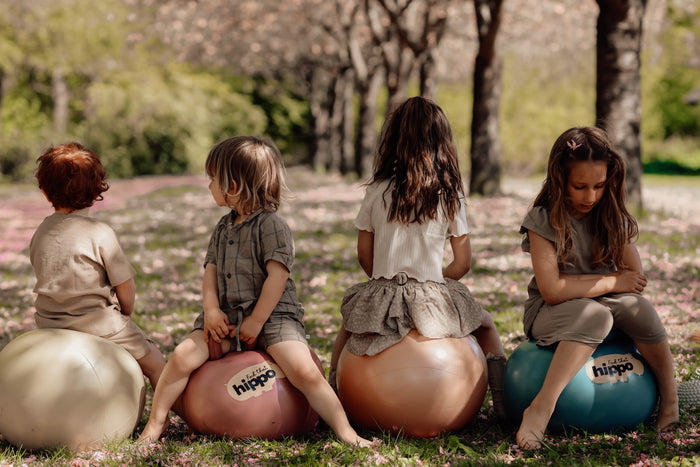 Child sits on a Turkish rose bouncer ball with hippo logo in a park with other children on colorful hopper balls.