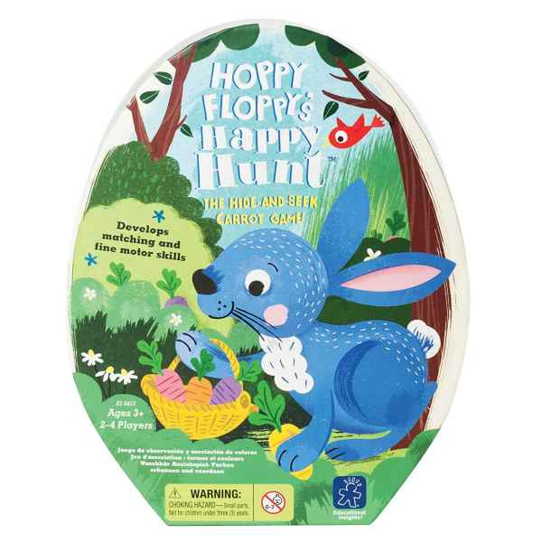 Egg-shaped game box featuring a blue bunny holding a basket of colorful carrots in a green forest setting.