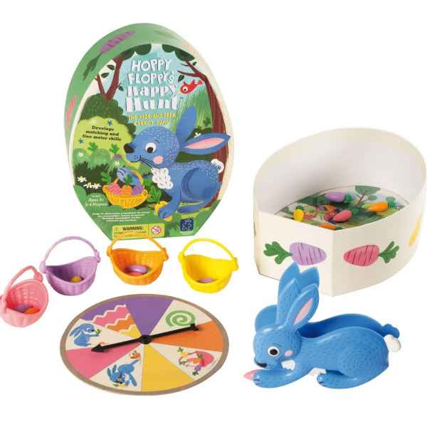 Egg-shaped game box with a blue bunny squeezer, spinner, four colorful baskets, and small toy carrots.