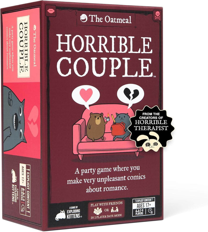 Burgundy box with a cartoon bear and cat on a pink sofa with heart speech bubbles. Explicit content for ages 17+.