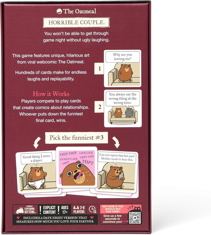 Back of a maroon card game box showing cartoon bear comic illustrations and instructions for the Horrible Couple game.