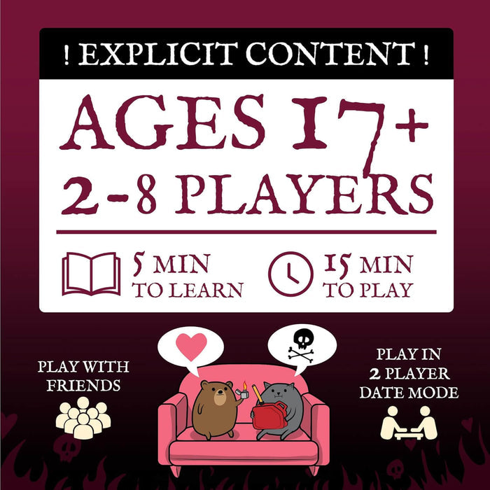 Explicit content graphic for ages 17+, 2-8 players. Bear and cat on a pink couch with a lighter and gas can.