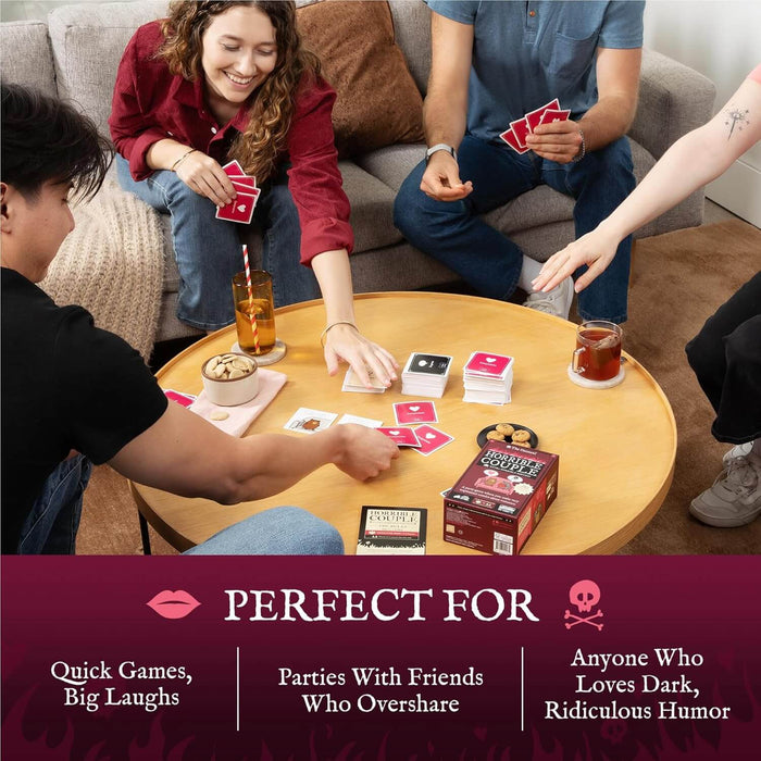 Four friends play a red card game on a round table. A dark red box and text describe its dark, ridiculous humor.