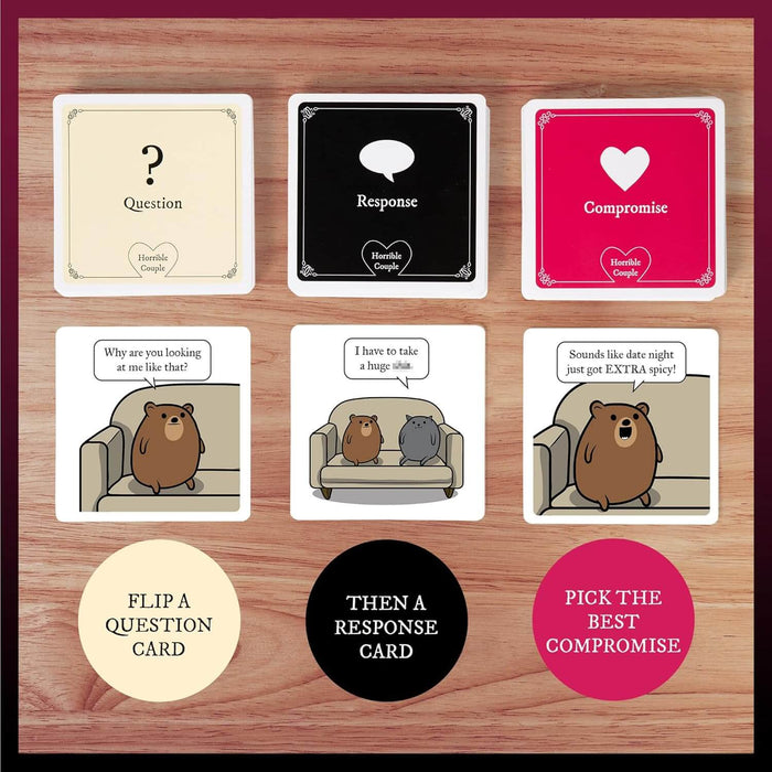 Cream, black, and red game cards with cartoon animal illustrations and speech bubbles on a light wood surface.