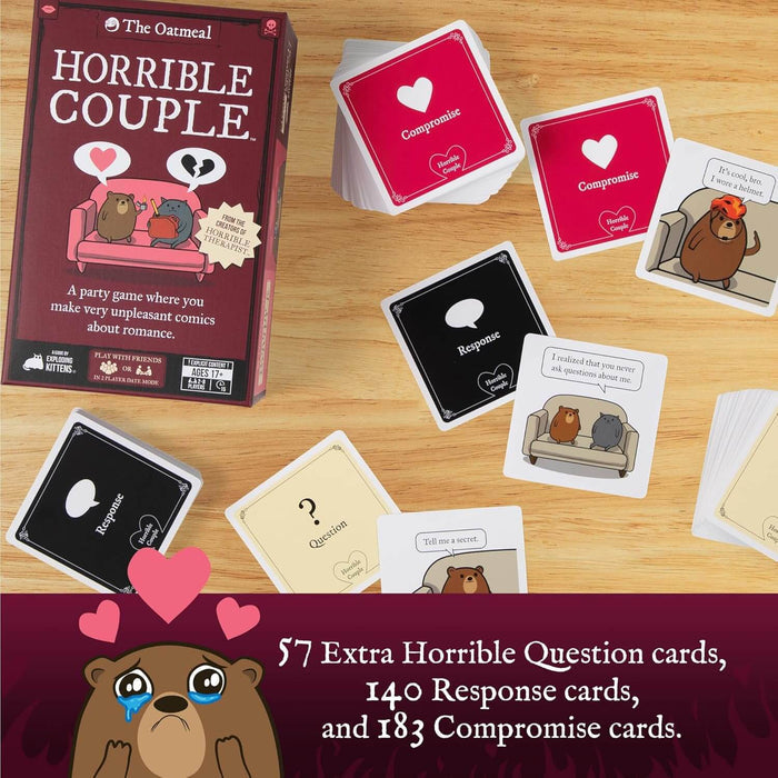 Horrible Couple game box and scattered cards with cartoon bear and cat illustrations on a light wood surface.