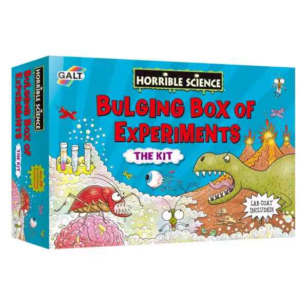 Blue science kit box with cartoon illustrations of a green dinosaur, red bug, and test tubes. Includes a lab coat.